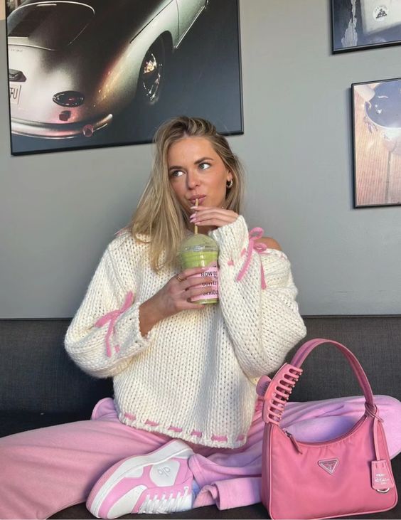 White Sweater with Pink Joggers and Sneakers